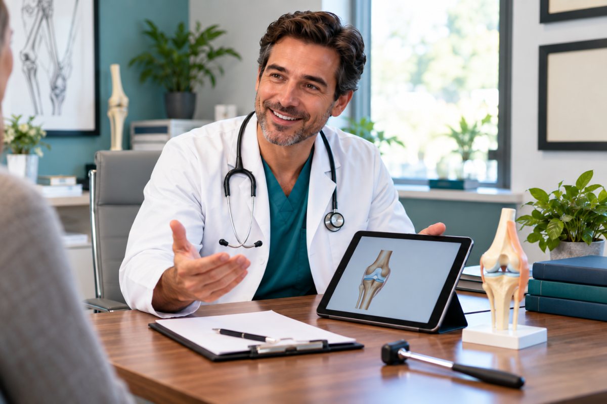 Médico sorrindo à mesa do consultório, com tablet e prancheta, explicando algo a um paciente que aparece só de costas, à esquerda